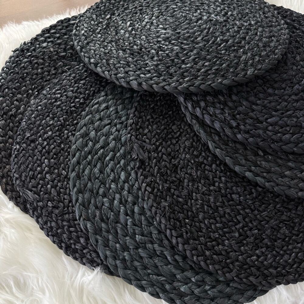 Unbranded Set of 8 Natural Jute Round Black Color Hand Braided Placemats Charger